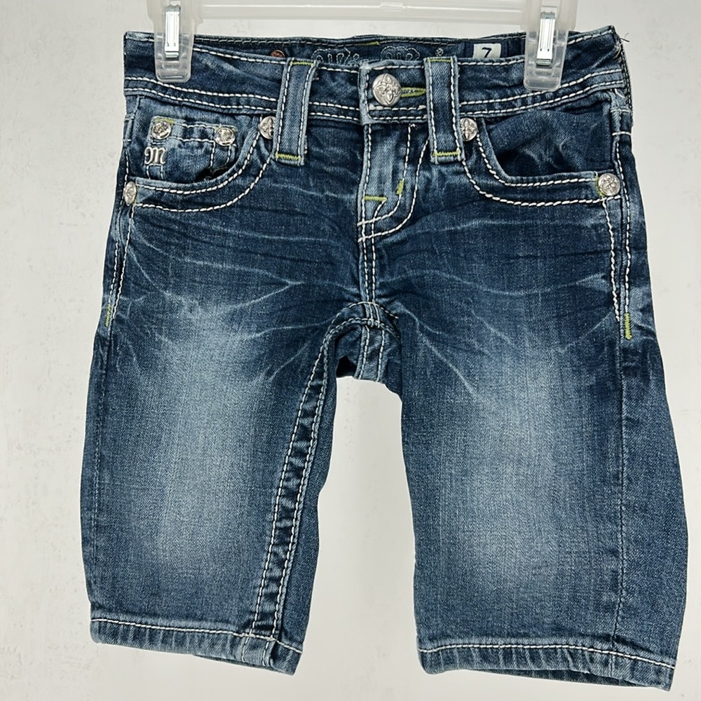 Miss Me Girls Bermuda Jean Shorts Size 7 Embellished Distressed Blue Denim Y2K